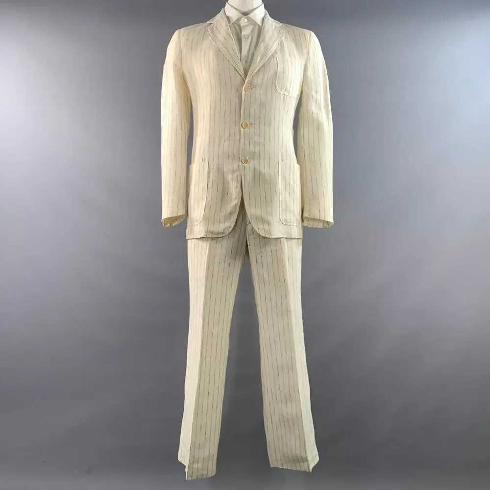 KRIZIA UOMO Chest Size 42 Cream Light Grey Pinstripe Linen 32 31 Suit